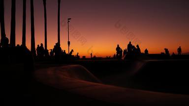 轮廓年轻的跳滑板者骑冲浪老手夏天日落背景威尼斯海洋海滩滑板运动场地这些洛杉矶加州青少年滑板斜坡极端的公园集团青少年
